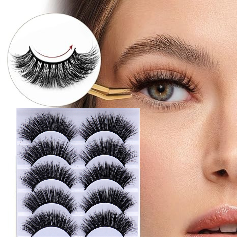 False Eyelashes Cat Eye Look: 3D Fluffy Wispy Volume Curl Faux Mink Lashes 5 Pairs - Handmade Natural Reusable Strip Lashes