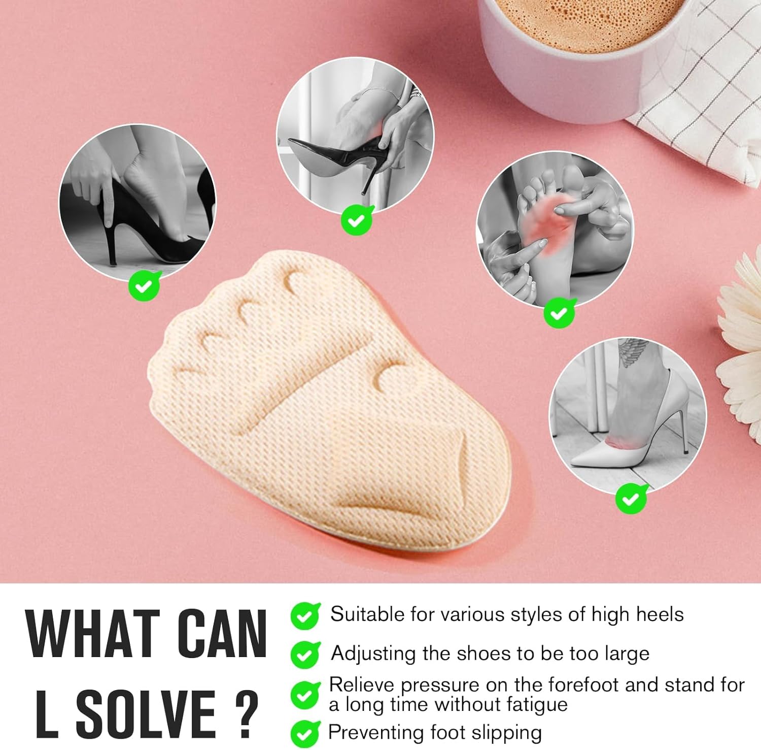 Metatarsal Pads Women, Ball of Foot Cushions for Women, High Heel Comfort Pads, Heel Cushion for High Heels Anti Slip Foot Pads for Balls of Feet for Pain Relief, Shoe Pads for High Heels,2 Pairs（Blac
