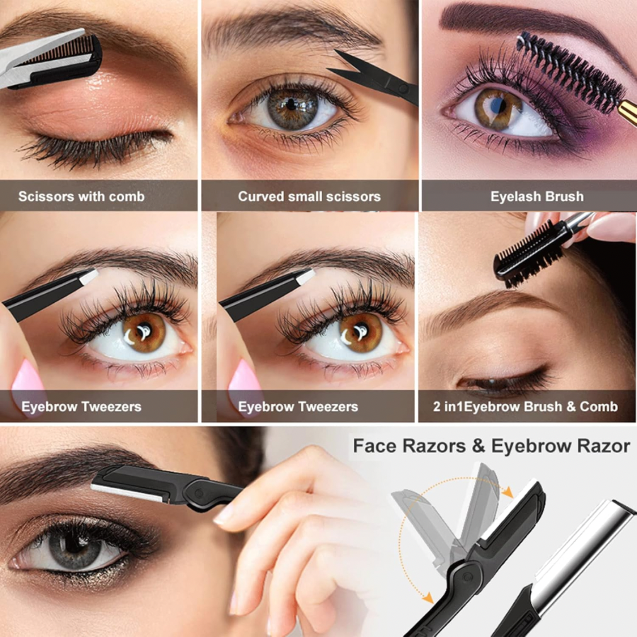 12 in 1 Eyebrow Trimmer Kit Eye Brow Scissors, Eyebrow Razor, Eyebrow Comb, Eyebrow Comb Scissor, Eyebrow Brush,Folding Eyebrow Knife, Scissors Razor, Eyebrow Trimmer, Tweezers.