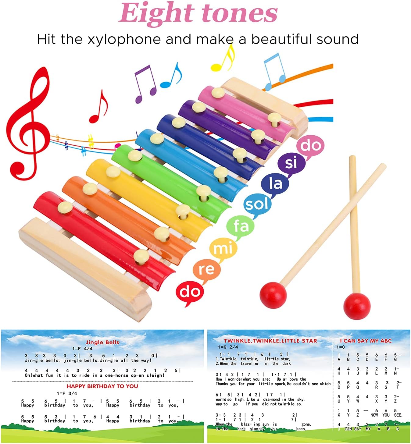 Wooden Xylophone Children's Musical Instruments Toy Wooden 8 Keys Hand Knock with Mallets Preschool Educational Toys Great Gift for Kids Girls and Boys Toddlers Ages 3+
