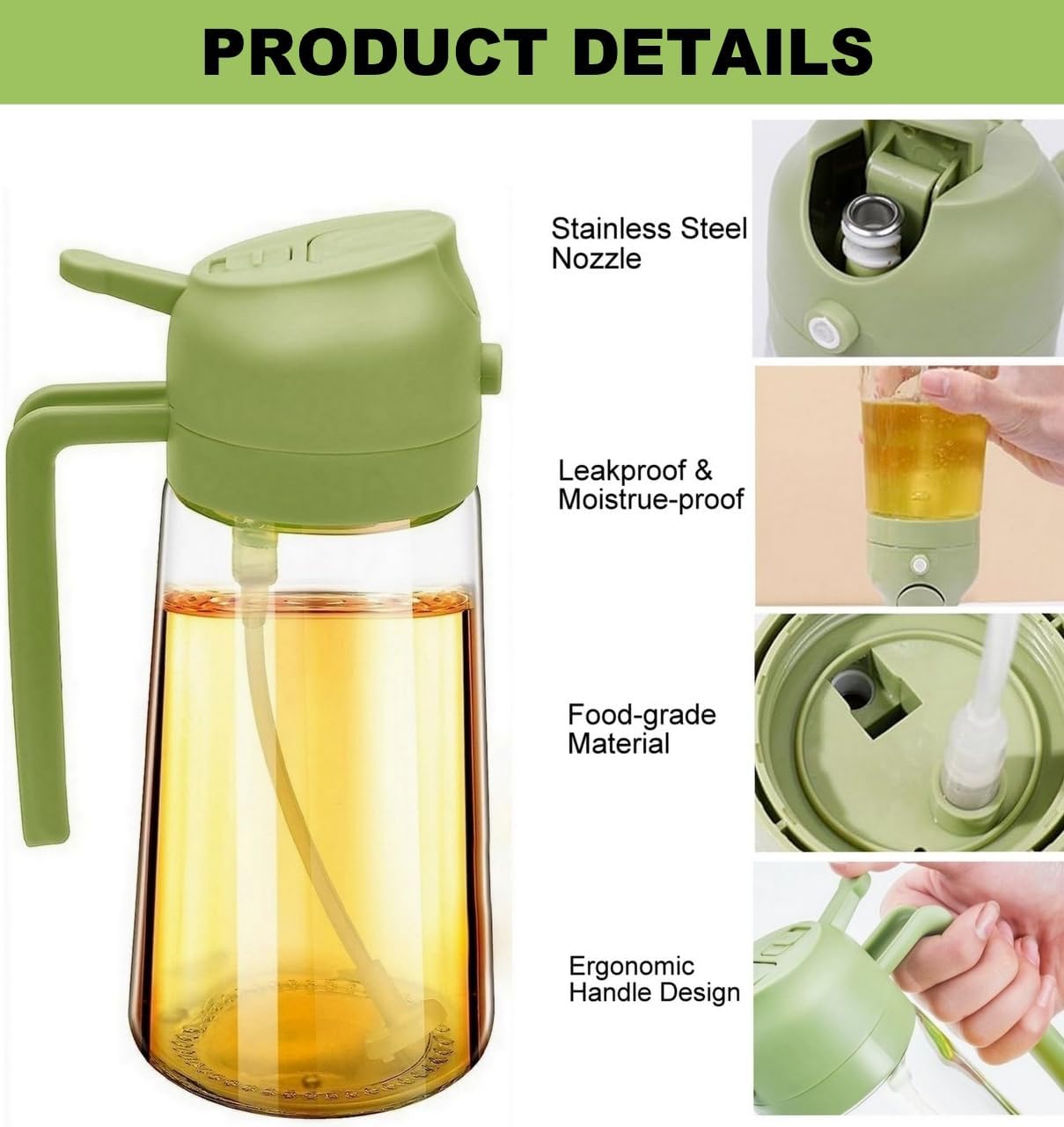 Olive Oil Sprayer Cooking Oil Dispensing Bottle: 2 in 1 Glass Olive Oil Dispenser Bottle, Upgraded Glass Oil Spraying Bottle for Kitchen Air Fryer Salad BBQ Baking, 450ml (Green)