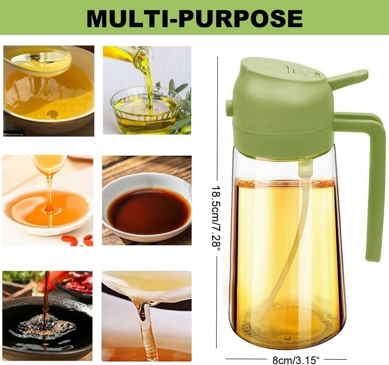 Olive Oil Sprayer Cooking Oil Dispensing Bottle: 2 in 1 Glass Olive Oil Dispenser Bottle, Upgraded Glass Oil Spraying Bottle for Kitchen Air Fryer Salad BBQ Baking, 450ml (Green)
