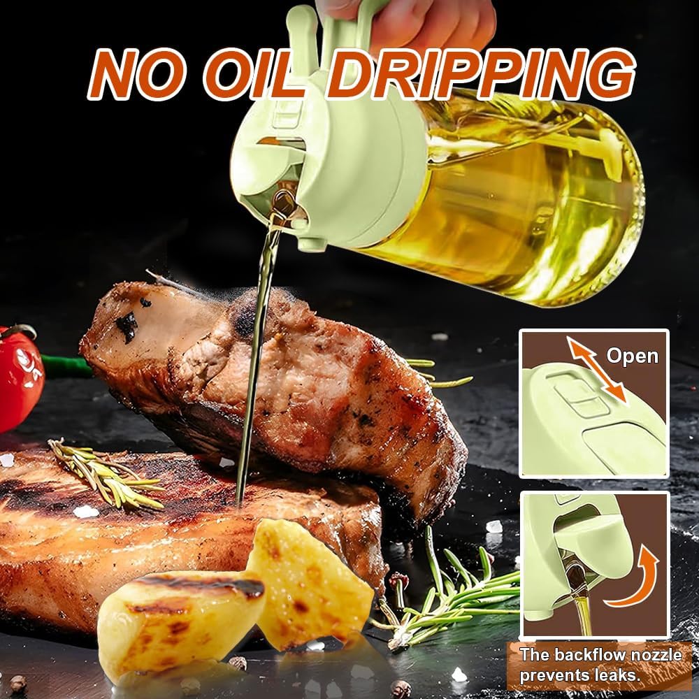 Olive Oil Sprayer Cooking Oil Dispensing Bottle: 2 in 1 Glass Olive Oil Dispenser Bottle, Upgraded Glass Oil Spraying Bottle for Kitchen Air Fryer Salad BBQ Baking, 450ml (Green)
