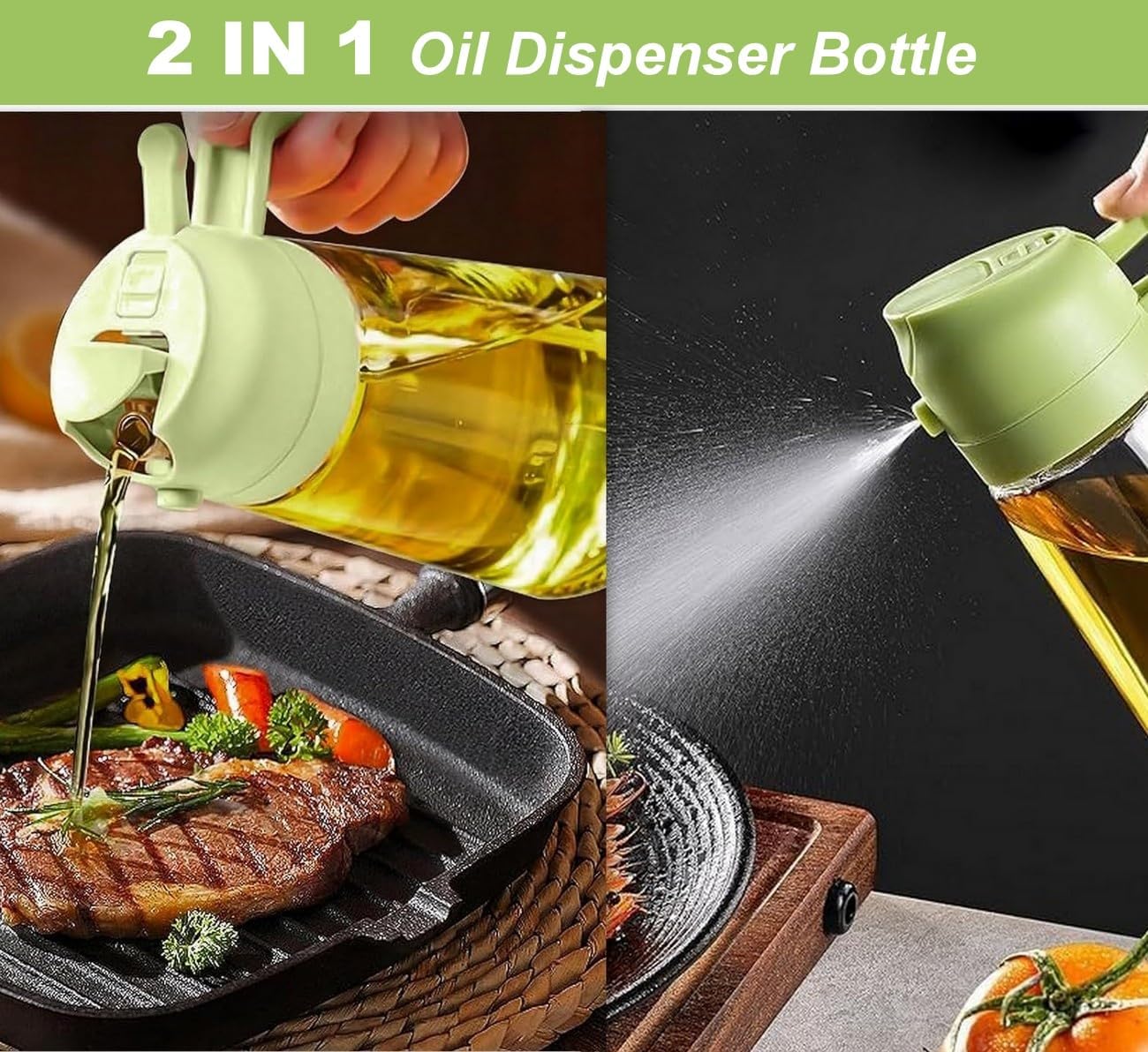 Olive Oil Sprayer Cooking Oil Dispensing Bottle: 2 in 1 Glass Olive Oil Dispenser Bottle, Upgraded Glass Oil Spraying Bottle for Kitchen Air Fryer Salad BBQ Baking, 450ml (Green)