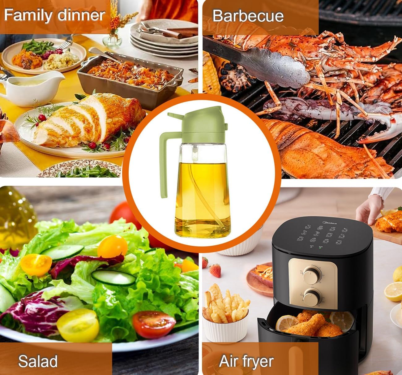 Olive Oil Sprayer Cooking Oil Dispensing Bottle: 2 in 1 Glass Olive Oil Dispenser Bottle, Upgraded Glass Oil Spraying Bottle for Kitchen Air Fryer Salad BBQ Baking, 450ml (Green)