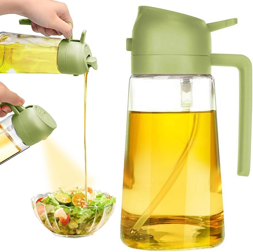 Olive Oil Sprayer Cooking Oil Dispensing Bottle: 2 in 1 Glass Olive Oil Dispenser Bottle, Upgraded Glass Oil Spraying Bottle for Kitchen Air Fryer Salad BBQ Baking, 450ml (Green)