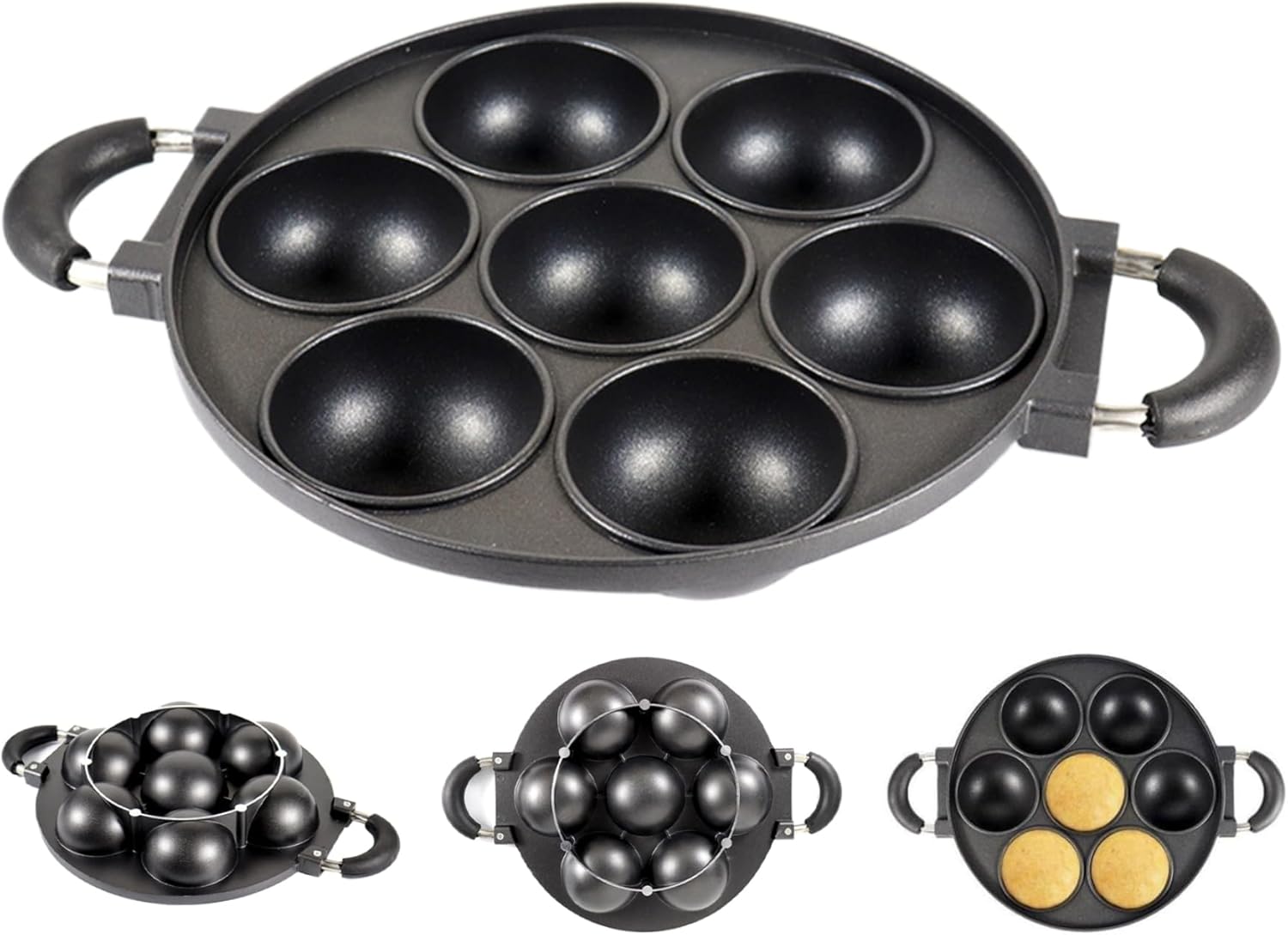 Cast Iron Aebleskiver Pan,Ebelskiver Pan,Takoyaki Pan,7-Hole Round Cake Pops Pan with Anti-Scald Handle,Takoyaki Maker for Danish Stuffed