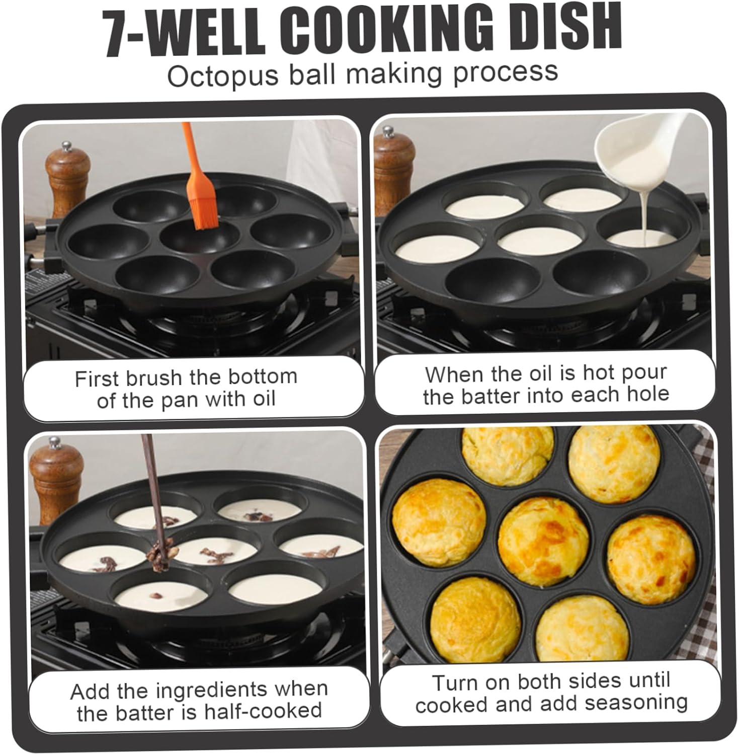 Cast Iron Aebleskiver Pan,Ebelskiver Pan,Takoyaki Pan,7-Hole Round Cake Pops Pan with Anti-Scald Handle,Takoyaki Maker for Danish Stuffed