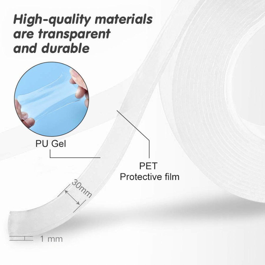 Nano Grip Tape Reusable Removable Washable Double Sided Sticky Strips Seamless Traceless Tape Adhesive Kitchen Holder (5M x 3 CM)