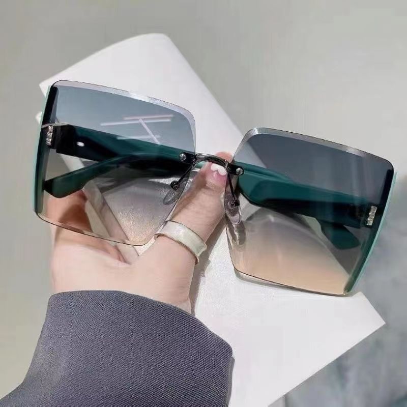 High end square frameless cut edge sunglasses, internet famous personality, trendy cool sunglasses, women's big face, slimming fashion glasses