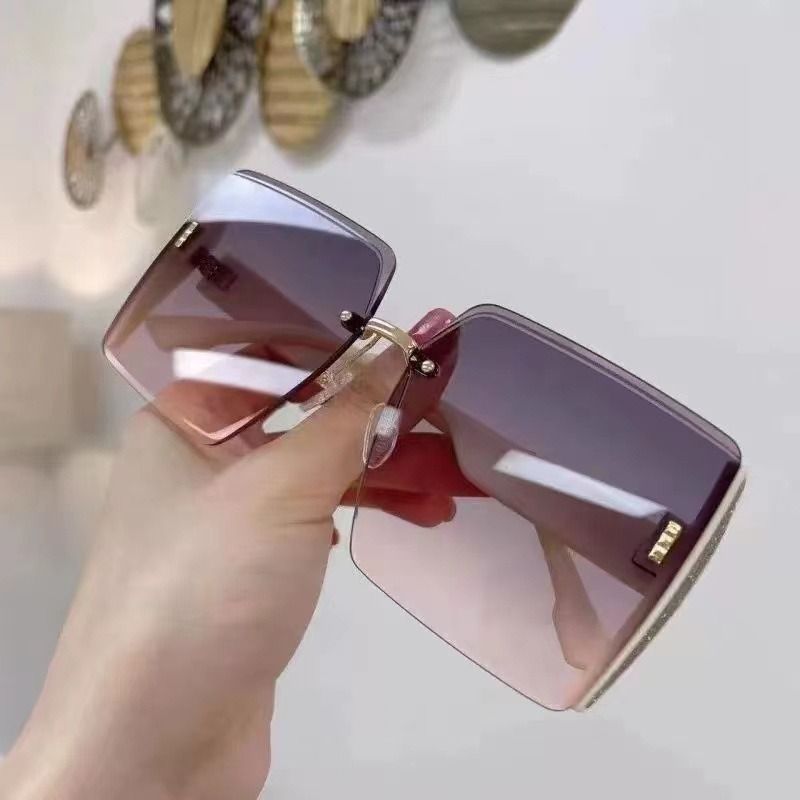 High end square frameless cut edge sunglasses, internet famous personality, trendy cool sunglasses, women's big face, slimming fashion glasses