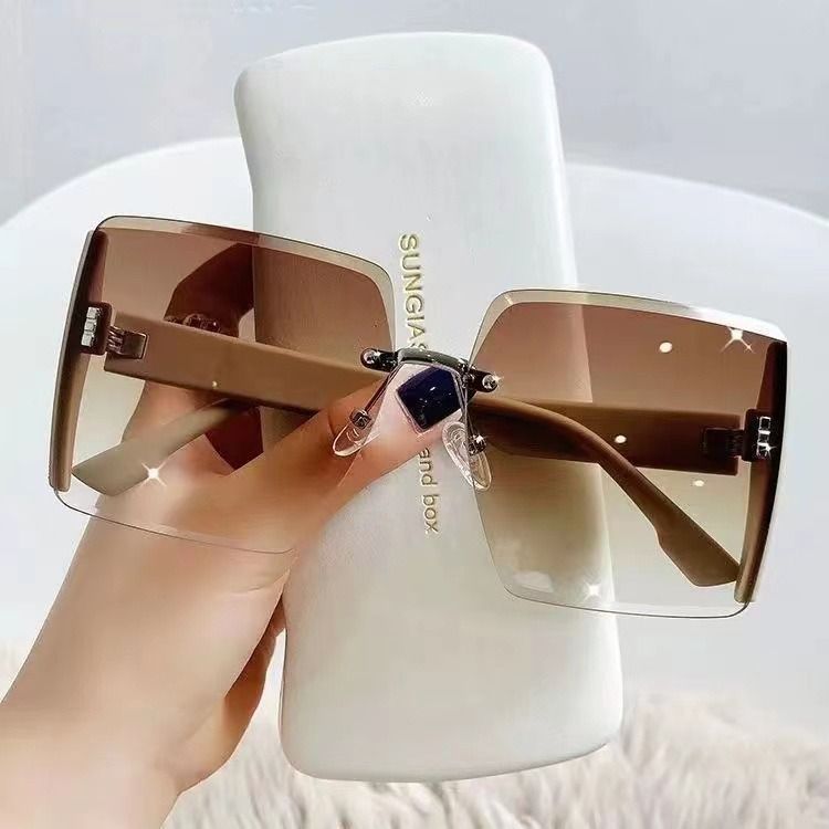 High end square frameless cut edge sunglasses, internet famous personality, trendy cool sunglasses, women's big face, slimming fashion glasses