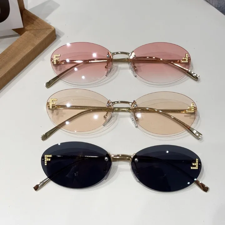New letter F frameless sunglasses with diamond inlaid oval frame fashion sunglasses European and American trend small frame decoration sunscreen glasses