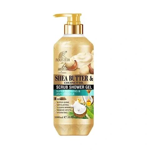ROUSHUN Shea Butter & Coconut Oil Scrub Shower Gel Super Glowing & Anti-wrinkle Good Quality 1000ml  Removes Acnes Clear Pimples Cleans and Hydrates Glow and Shine