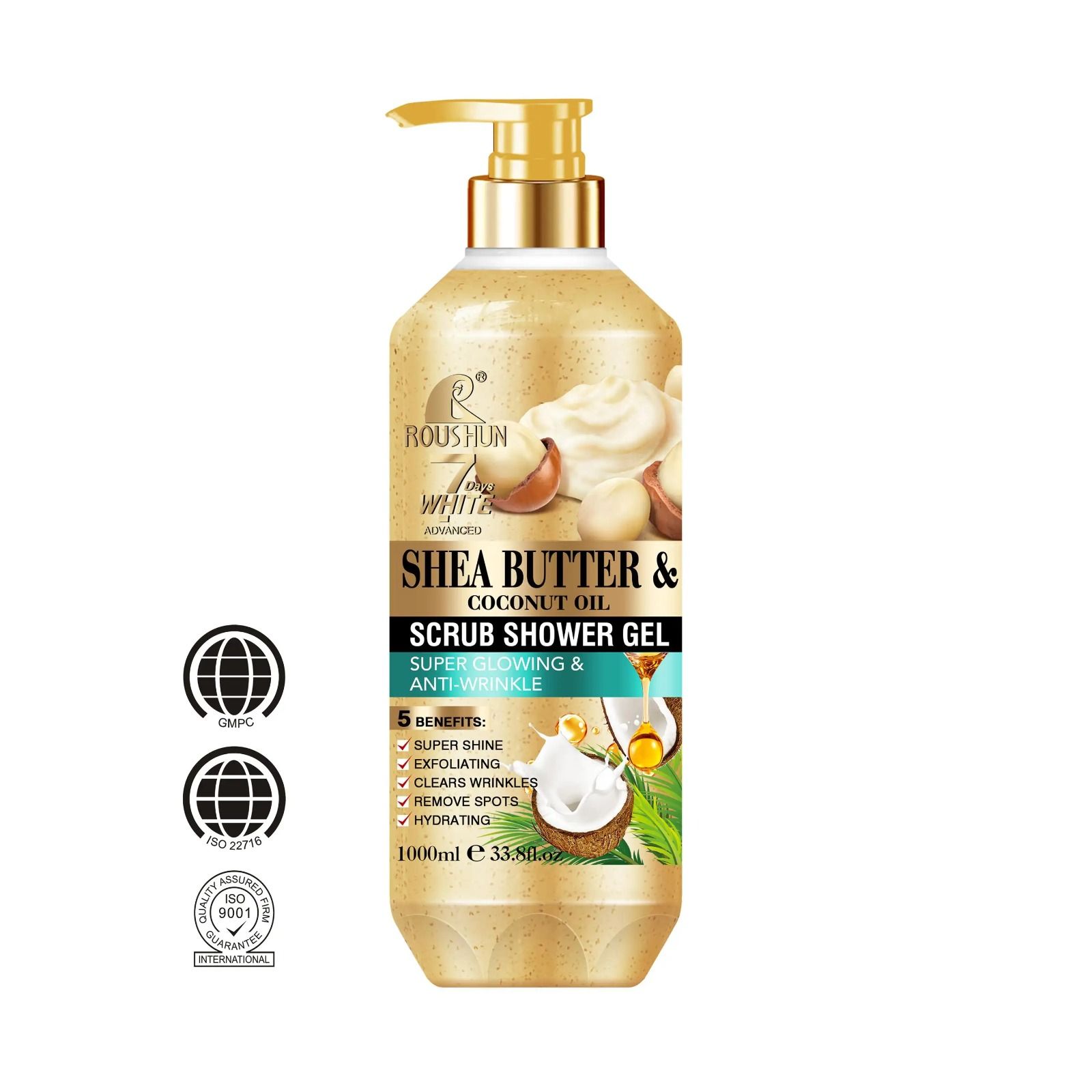 ROUSHUN Shea Butter & Coconut Oil Scrub Shower Gel Super Glowing & Anti-wrinkle Good Quality 1000ml  Removes Acnes Clear Pimples Cleans and Hydrates Glow and Shine