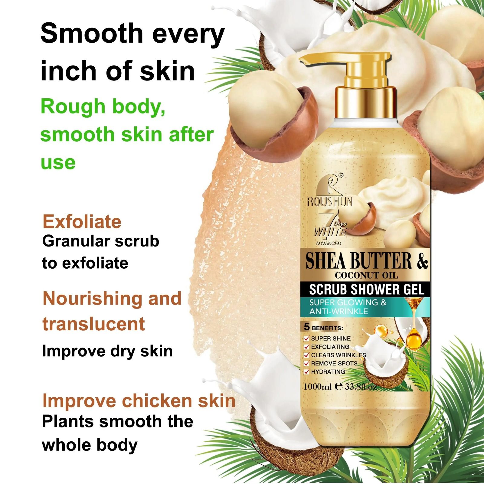 ROUSHUN Shea Butter & Coconut Oil Scrub Shower Gel Super Glowing & Anti-wrinkle Good Quality 1000ml  Removes Acnes Clear Pimples Cleans and Hydrates Glow and Shine