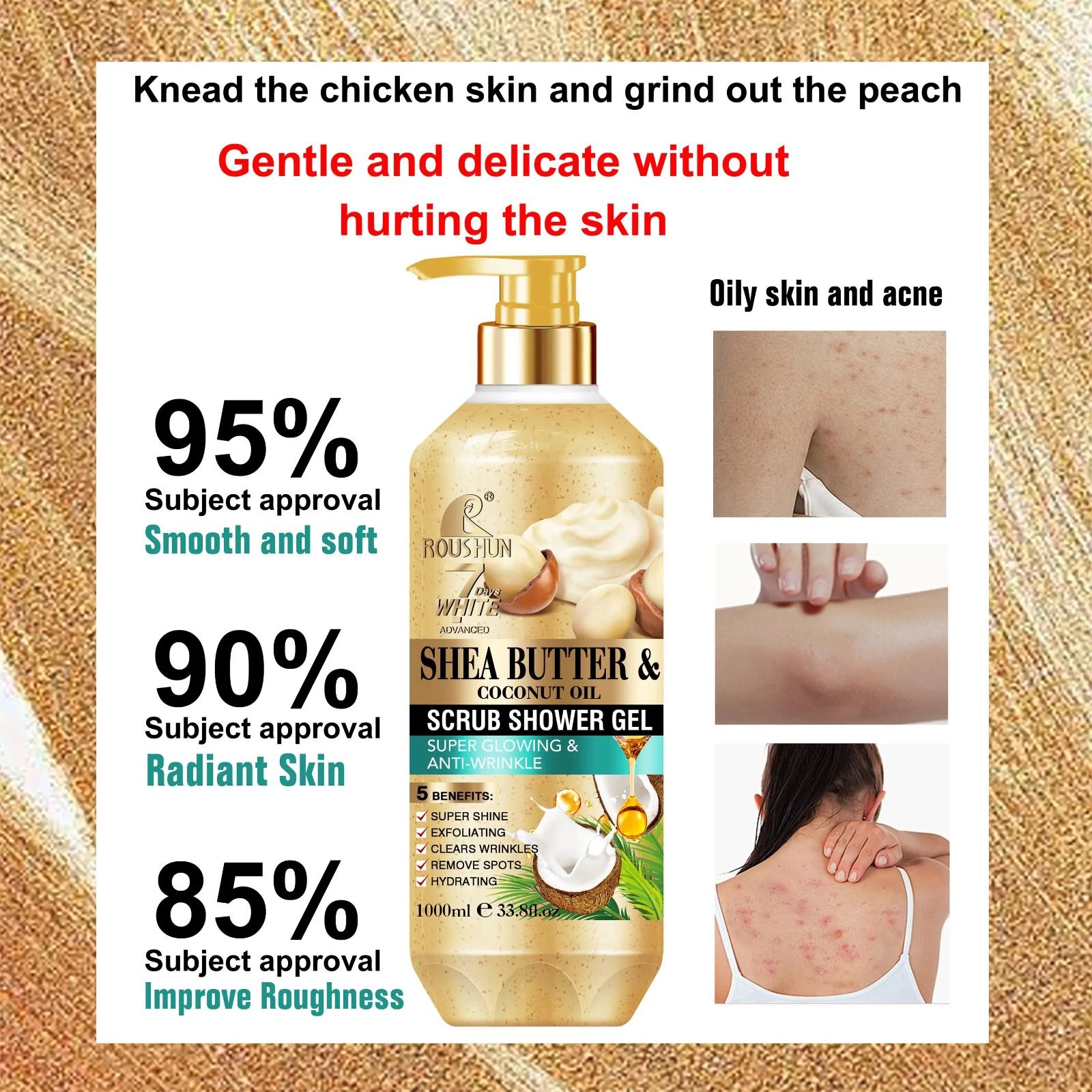 ROUSHUN Shea Butter & Coconut Oil Scrub Shower Gel Super Glowing & Anti-wrinkle Good Quality 1000ml  Removes Acnes Clear Pimples Cleans and Hydrates Glow and Shine