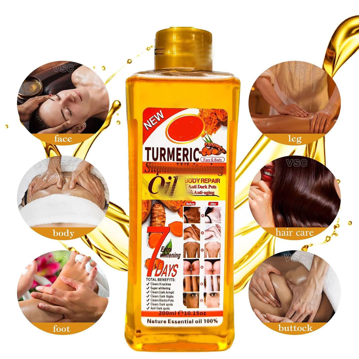 Veet Gold Turmeric Oil 200ml Super Whitening Skin Repair Anti-Aging Removes Wrinkles Dark Spots & Smooths Clears Knuckles Premium Organic Exfoliating Body Oil