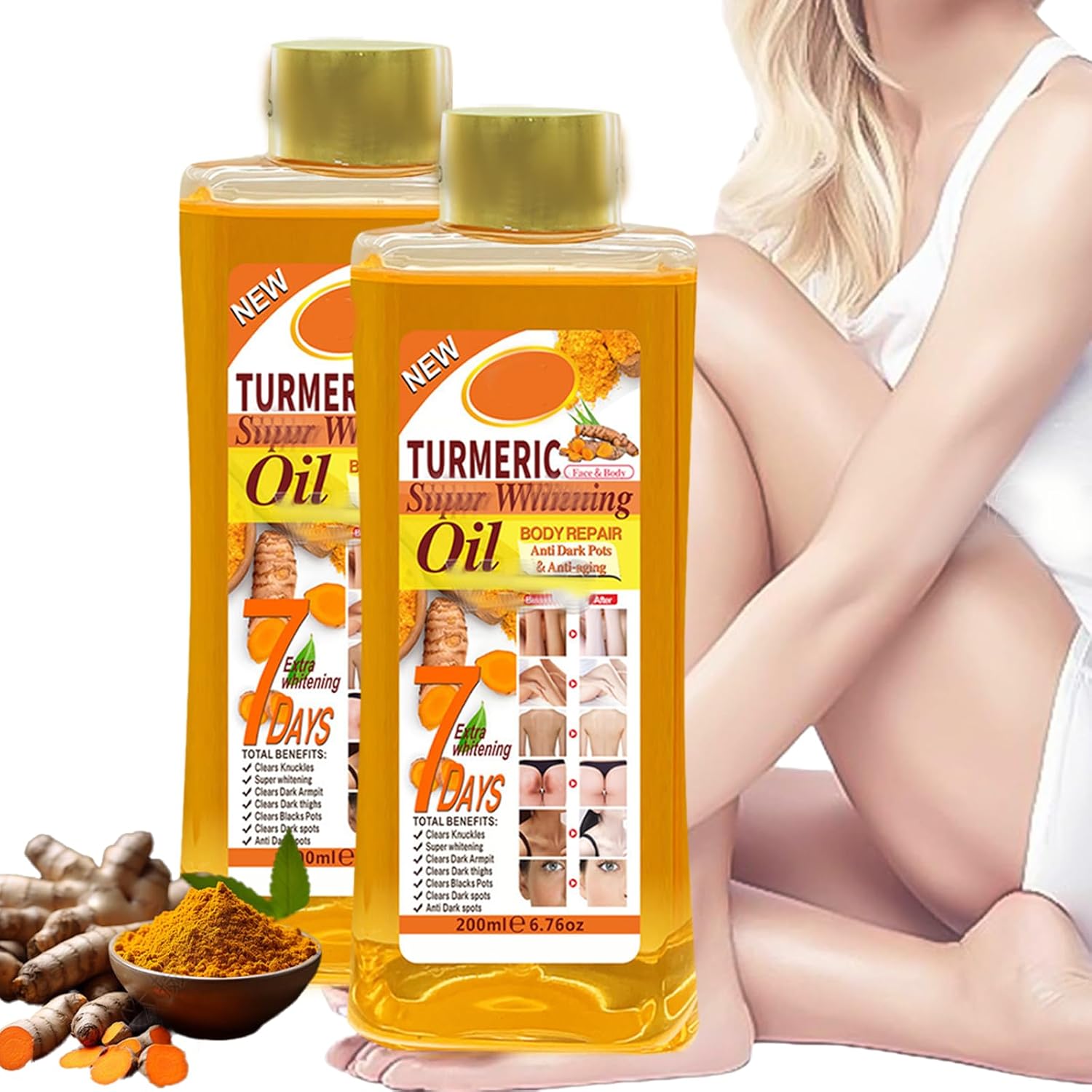 Veet Gold Turmeric Oil 200ml Super Whitening Skin Repair Anti-Aging Removes Wrinkles Dark Spots & Smooths Clears Knuckles Premium Organic Exfoliating Body Oil