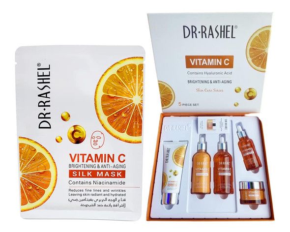 5 Pack Dr Rashel Vitamin C  Serum, Toner, Facial Cleanser, Cleansing Milk Skin Care 5 Items, Contains Hyaluronic Acid, Anti Aging and Collagen Essence ( Pack Of 5 Piece Set ) Dr. Rashel Skin Care Set