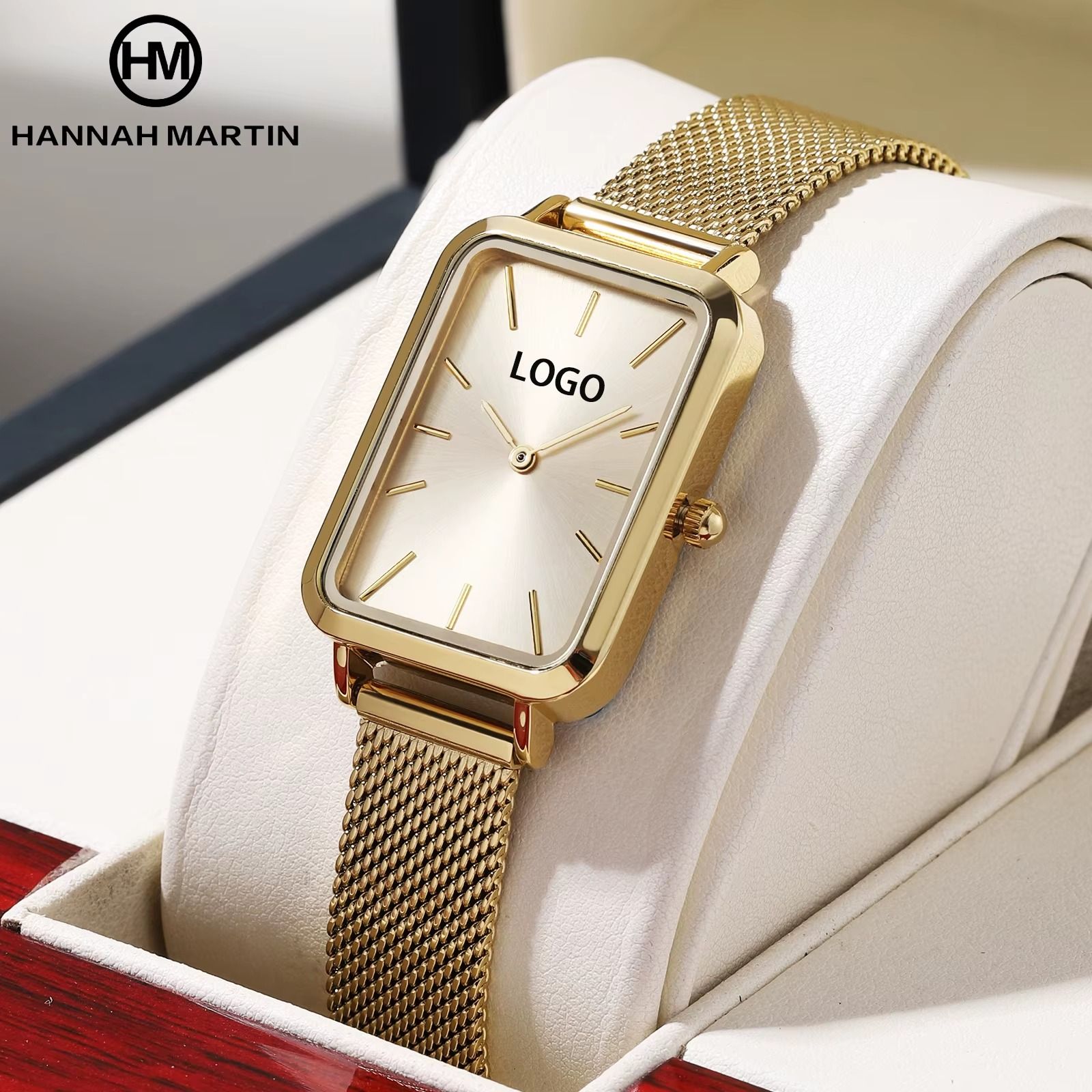 Hannah Martin HM-1241 Rectangular Watch – 34 mm Ultra-Slim Rose-Gold Alloy Case, Mesh Bracelet, Japanese Quartz Movement, 3 ATM Water-Resistant Fashion Timepiece