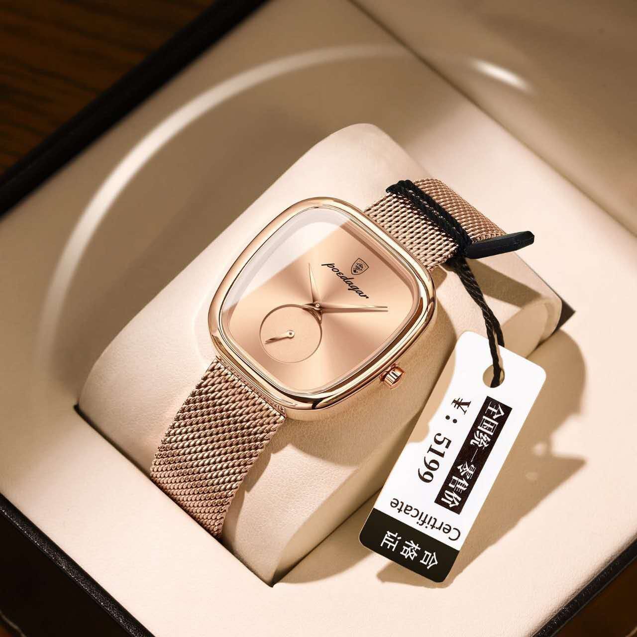 POEDEGER Design Women’s Luxury Blue Dial Rose-Gold Mesh Watch – Minimalist Square Case, Quartz Movement, Stainless-Steel Milanese Strap, Small Seconds Sub-Dial, Gift Box, Elegant Dress Wristwatch