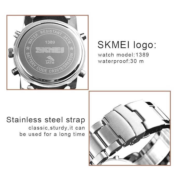 Skmei 1389 Men’s Dual-Time Analog-Digital Watch – 48mm Large Dial, Stainless-Steel Band, Chronograph & LED Backlight, 3ATM Water-Resistant, Alarm, Calendar & Stopwatch – Sporty Fashion TimepieceSkmei