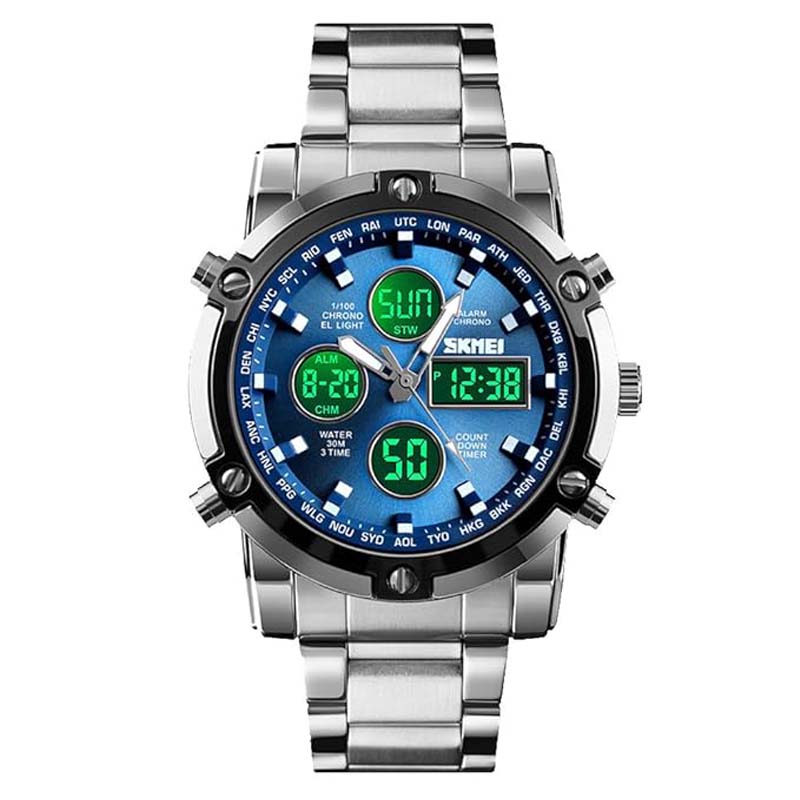 Skmei 1389 Men’s Dual-Time Analog-Digital Watch – 48mm Large Dial, Stainless-Steel Band, Chronograph & LED Backlight, 3ATM Water-Resistant, Alarm, Calendar & Stopwatch – Sporty Fashion TimepieceSkmei