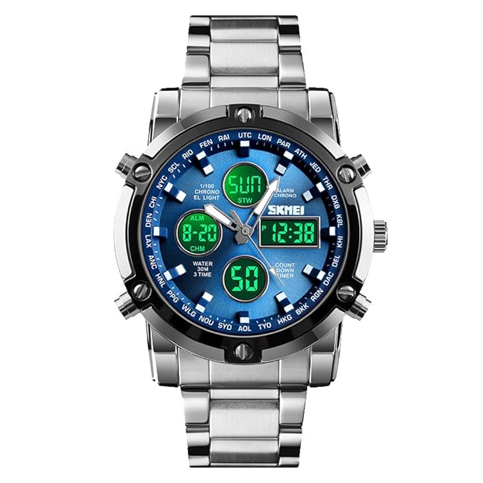 Skmei 1389 Men’s Dual-Time Analog-Digital Watch – 48mm Large Dial, Stainless-Steel Band, Chronograph & LED Backlight, 3ATM Water-Resistant, Alarm, Calendar & Stopwatch – Sporty Fashion TimepieceSkmei