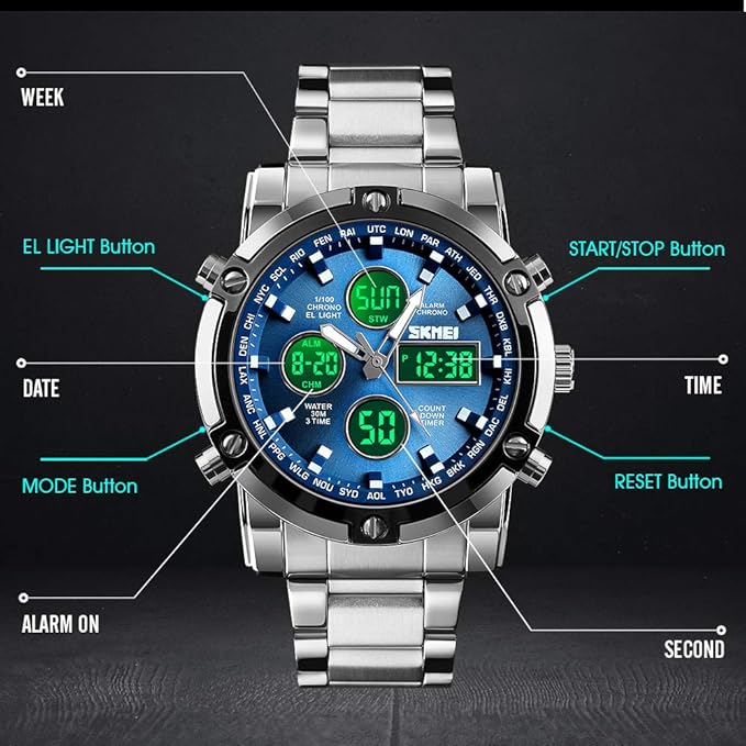 Skmei 1389 Men’s Dual-Time Analog-Digital Watch – 48mm Large Dial, Stainless-Steel Band, Chronograph & LED Backlight, 3ATM Water-Resistant, Alarm, Calendar & Stopwatch – Sporty Fashion TimepieceSkmei