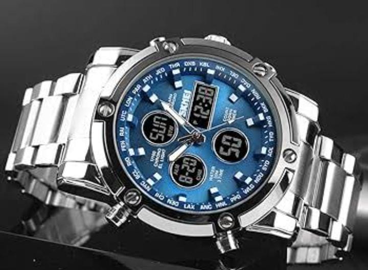Skmei 1389 Men’s Dual-Time Analog-Digital Watch – 48mm Large Dial, Stainless-Steel Band, Chronograph & LED Backlight, 3ATM Water-Resistant, Alarm, Calendar & Stopwatch – Sporty Fashion TimepieceSkmei