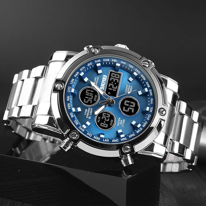 Skmei 1389 Men’s Dual-Time Analog-Digital Watch – 48mm Large Dial, Stainless-Steel Band, Chronograph & LED Backlight, 3ATM Water-Resistant, Alarm, Calendar & Stopwatch – Sporty Fashion TimepieceSkmei