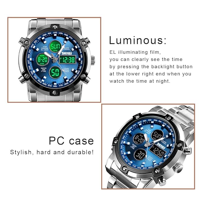 Skmei 1389 Men’s Dual-Time Analog-Digital Watch – 48mm Large Dial, Stainless-Steel Band, Chronograph & LED Backlight, 3ATM Water-Resistant, Alarm, Calendar & Stopwatch – Sporty Fashion TimepieceSkmei