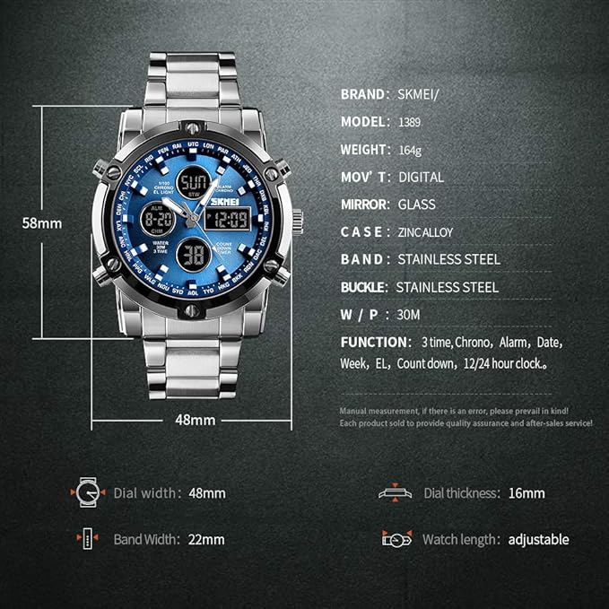 Skmei 1389 Men’s Dual-Time Analog-Digital Watch – 48mm Large Dial, Stainless-Steel Band, Chronograph & LED Backlight, 3ATM Water-Resistant, Alarm, Calendar & Stopwatch – Sporty Fashion TimepieceSkmei