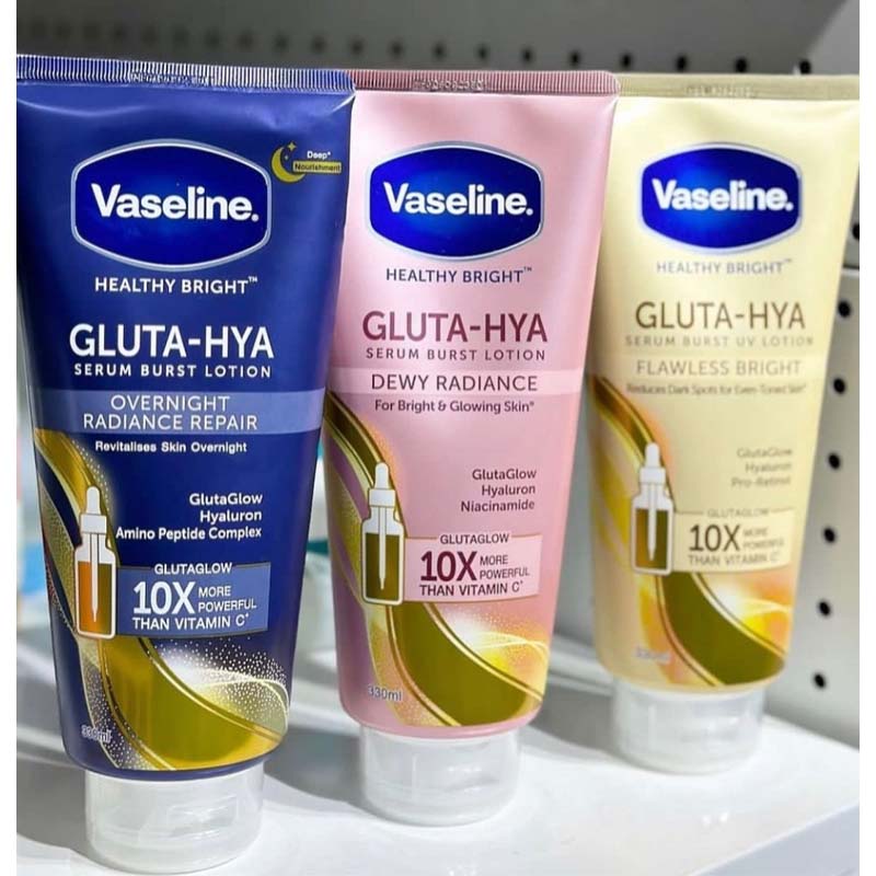 Vaseline Gluta-Hya Serum Burst Lotion 3-Pack – Flawless Bright 330ml + Dewy Radiance 330ml + Overnight Radiance Repair 330ml – Brightening Body Lotion Trio with GlutaGlow, Hyaluron & Pro-Retinol