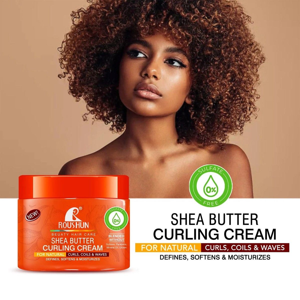 Roushun Shea Butter Curling Cream 500g For Natural Curly Hair Deep Moisture Anti Frizz Repair Strengthen & Define Curls With Coconut Oil Hydrating Styling Cream For Soft Shiny Strong Healthy Hair