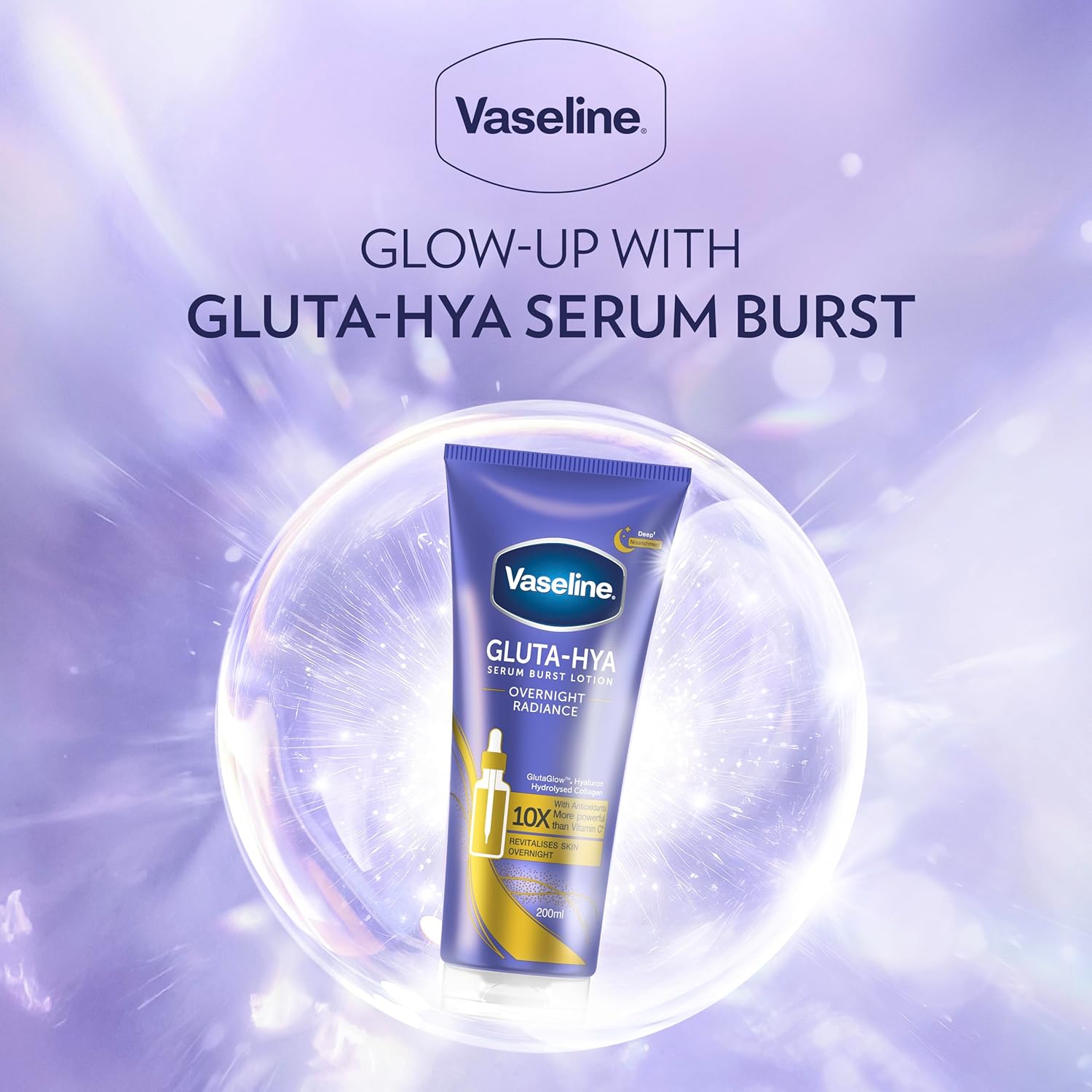 Vaseline Gluta-Hya Serum Burst Lotion Ovenight Radiance 300ml – Brightening Body Lotion with GlutaGlow, Hyaluron & Pro-Retinol, 10x More Powerful Than Vitamin C + UV Filters for Radiant Even-Tone Skin