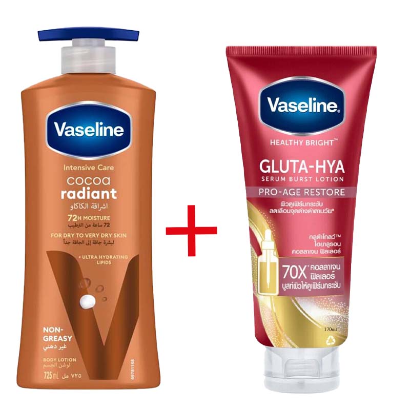 Vaseline 2-Pack Skincare Set – Cocoa Butter Body Lotion 400 ml + Gluta-Hya Pro-Age Serum-Burst Lotion 170 ml – Deep Nourish, Brighten & Firm Skin with Fast Absorption