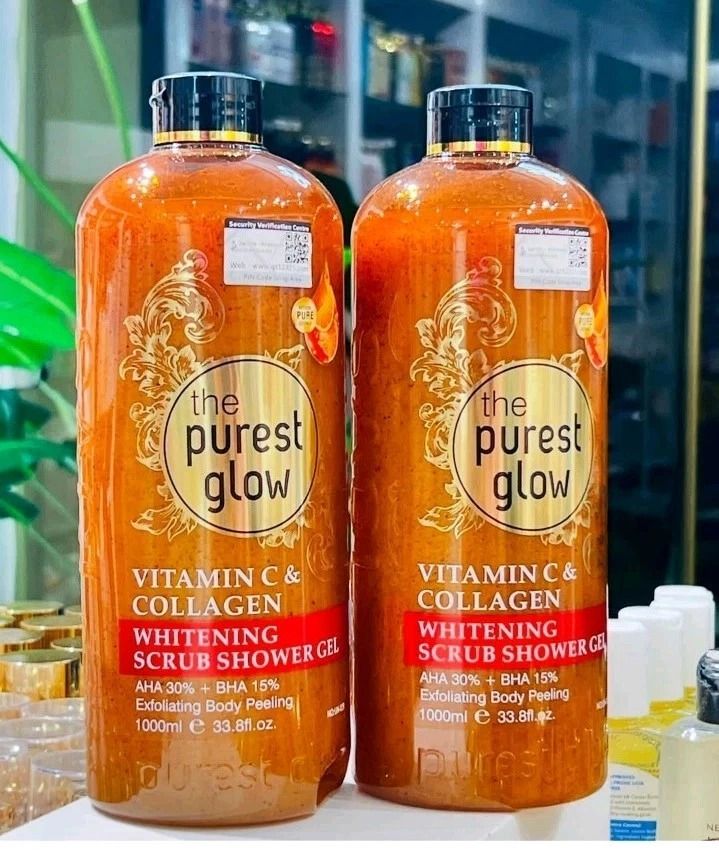 Purest Glow Vitamin C Collagen Whitening Shower Gel 1000ML AHA 30% BHA 15% Exfoliating Body Peeling Scrub Deep Cleansing Brightening Dark Spot Removal Smooth Skin Care