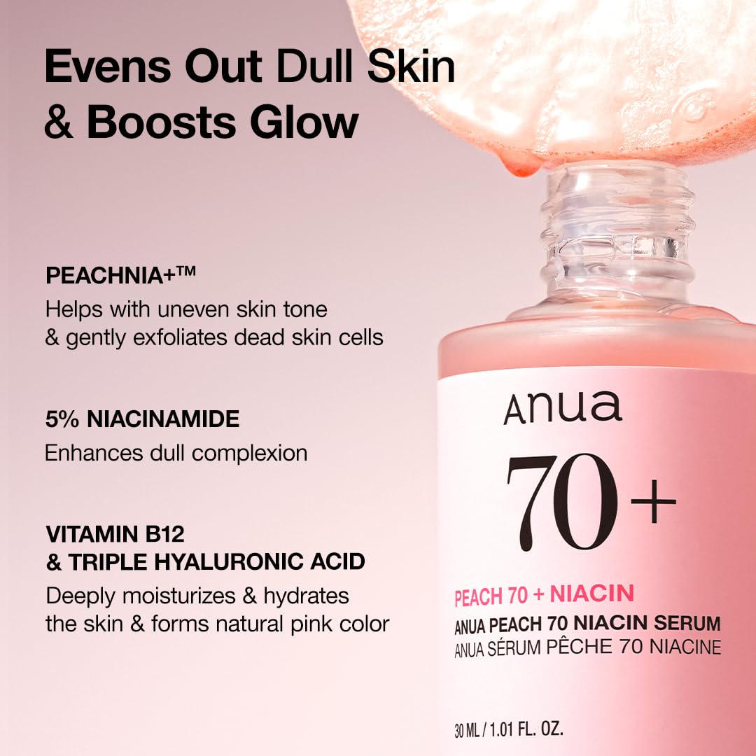 Anua Peach 70 Niacin Serum 70% 30ml | Brightening & Hydrating Face Serum, Peach Extract & Niacinamide Formula, Evens Skin Tone, Reduces Dark Spots, Lightweight Korean Skincare