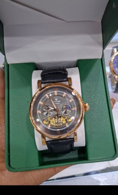 Automatic Tevise Men’s Mechanical Watch Gold Case Black Leather Strap Skeleton Dial Self-Winding Luxury Business Casual Wristwatch Luminous Hands Calendar Waterproof for Men