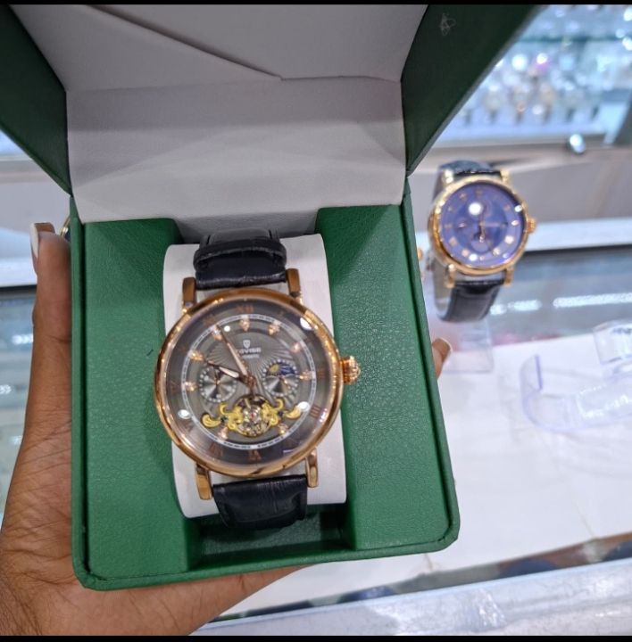 Automatic Tevise Men’s Mechanical Watch Gold Case Black Leather Strap Skeleton Dial Self-Winding Luxury Business Casual Wristwatch Luminous Hands Calendar Waterproof for Men