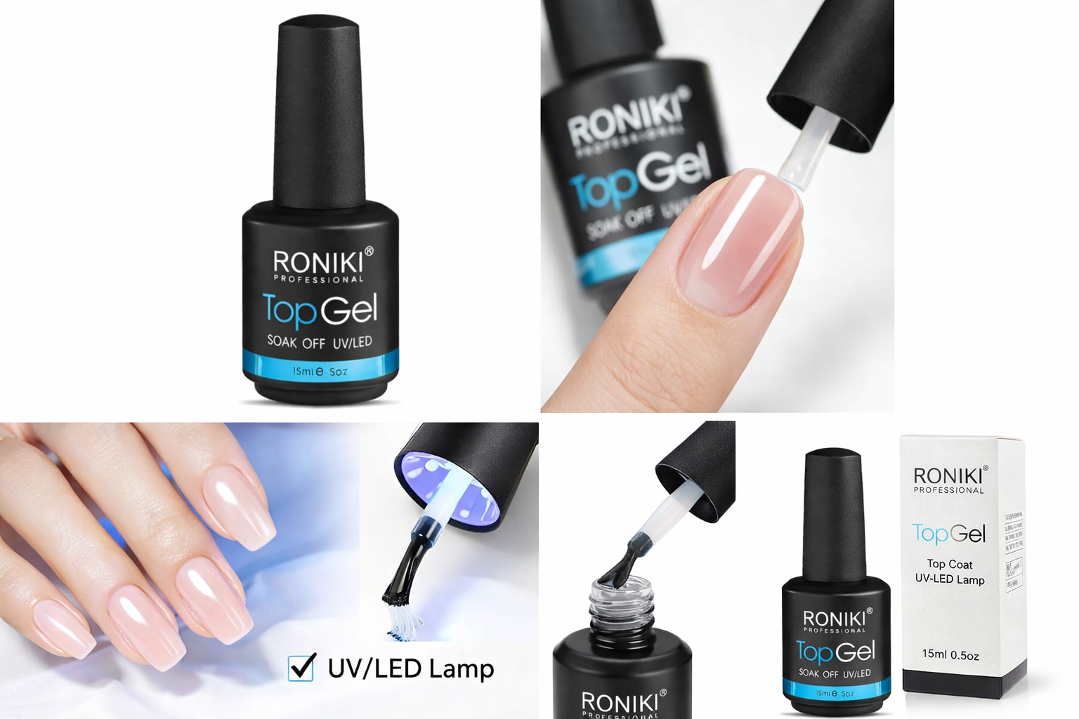 Roniki Professional Top Gel Nail Polish Clear Top Coat 15ml UV LED Soak Off Long Lasting Glossy Nail Art Gel Sealant No Wipe Finish Manicure Protection Gel Polish for Salon Home Nail Art
