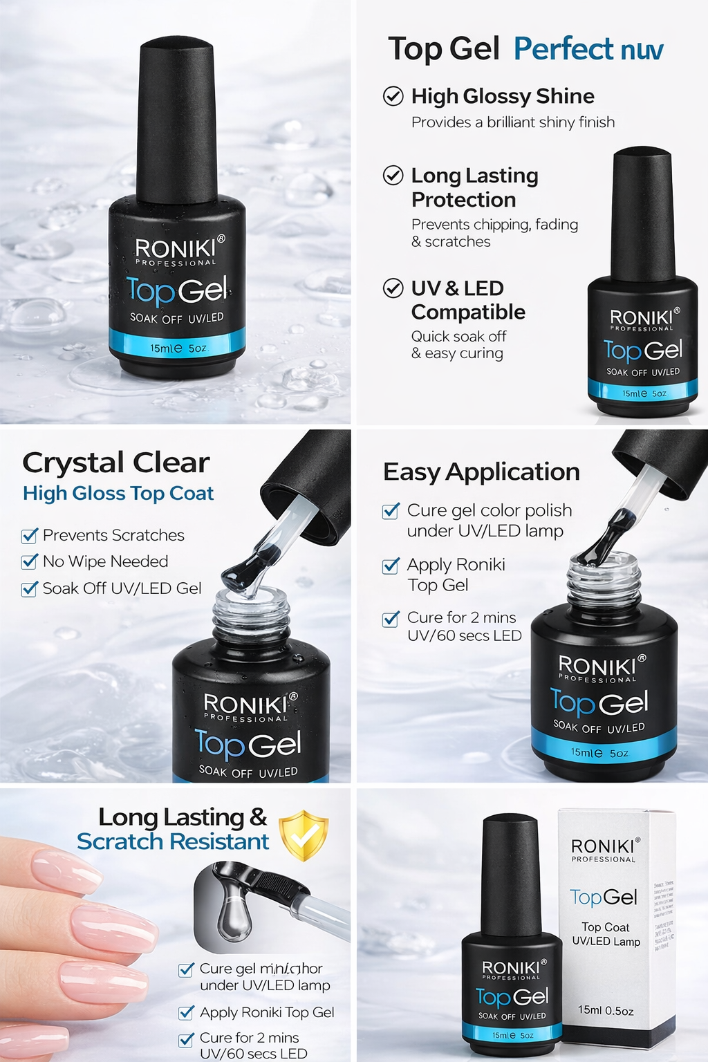 Roniki Professional Top Gel Nail Polish Clear Top Coat 15ml UV LED Soak Off Long Lasting Glossy Nail Art Gel Sealant No Wipe Finish Manicure Protection Gel Polish for Salon Home Nail Art