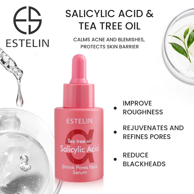 Estelin Tea Tree Oil Salicylic Acid Face Serum 30ml Anti Acne Pore Minimizing Serum Oil Control Hydrating Skin Repair Brightening Shrink Pores Facial Essence For Oily Acne Prone Skin Daily Skincare