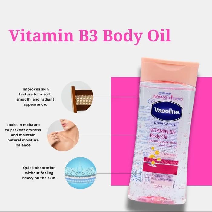 Vaseline Intensive Care Vitamin B3 Body Oil Moisturizing Revitalizing Skin Oil For Dry Skin Even Tone Nourishing Hydrating Body Care Oil Lightweight Non Greasy Daily Skin Care 200ml