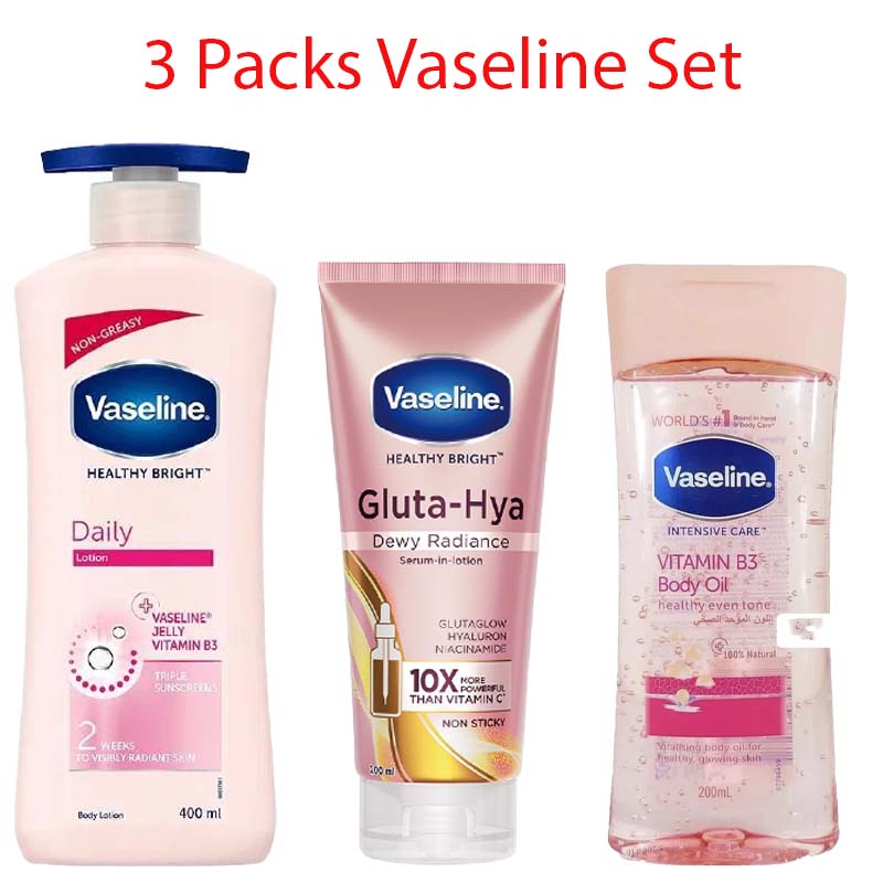 3 Packs Vaseline Set Daily Brightening Even Tone Body Lotion + Overnight Serum + Vaseline Body Oil for Glowing Skin, with Vitamin B3 - 400ml For Radiant Looking Skin in 2 Weeks Vaseline Body Lotion