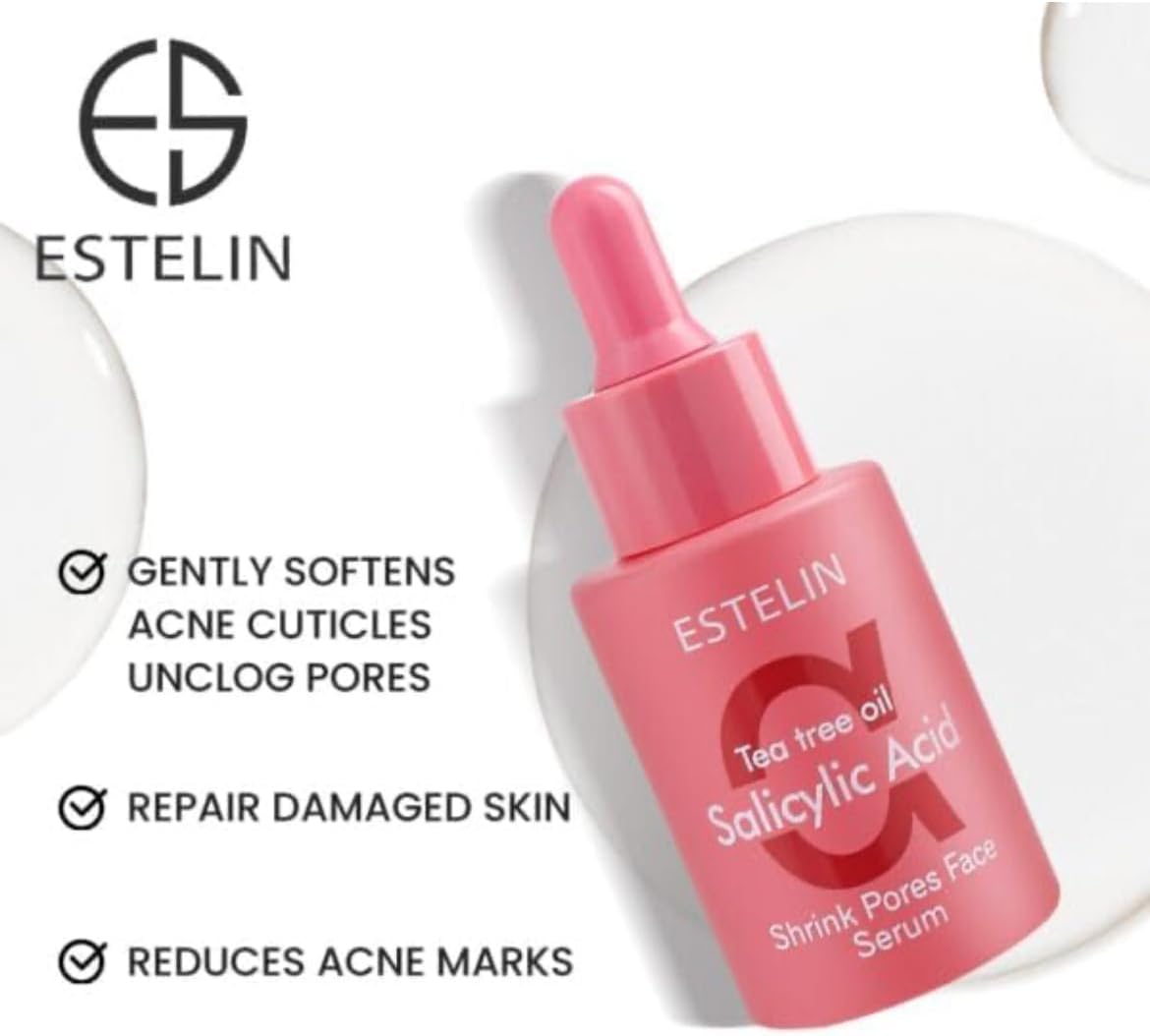 Estelin Tea Tree Oil Salicylic Acid Face Serum 30ml Anti Acne Pore Minimizing Serum Oil Control Hydrating Skin Repair Brightening Shrink Pores Facial Essence For Oily Acne Prone Skin Daily Skincare