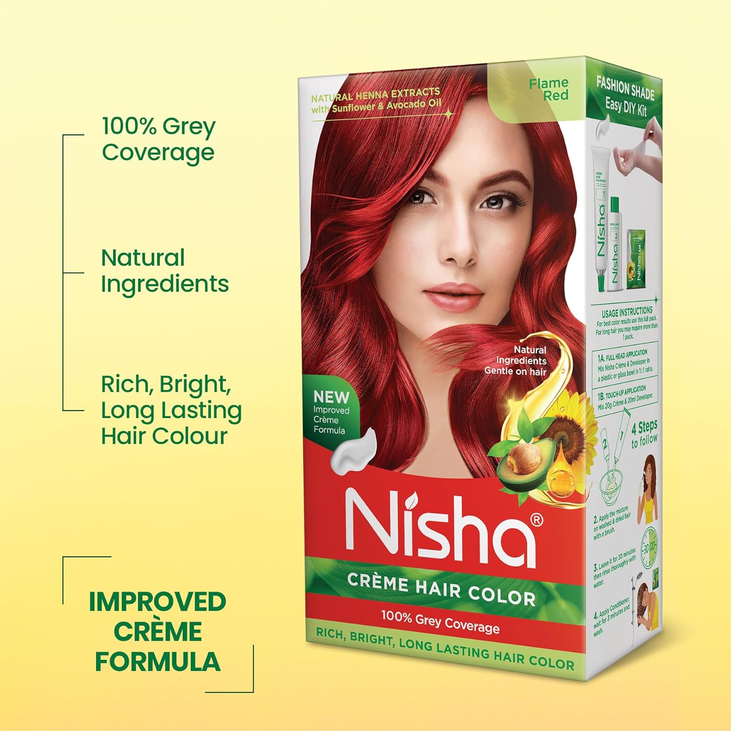 Nisha Creme Hair Color Flame Red Permanent Hair Dye With Natural Henna Extract Sunflower & Avocado Oil 100% Grey Coverage Long Lasting Bright Red Hair Colour Kit For Women & Men Ammonia Free