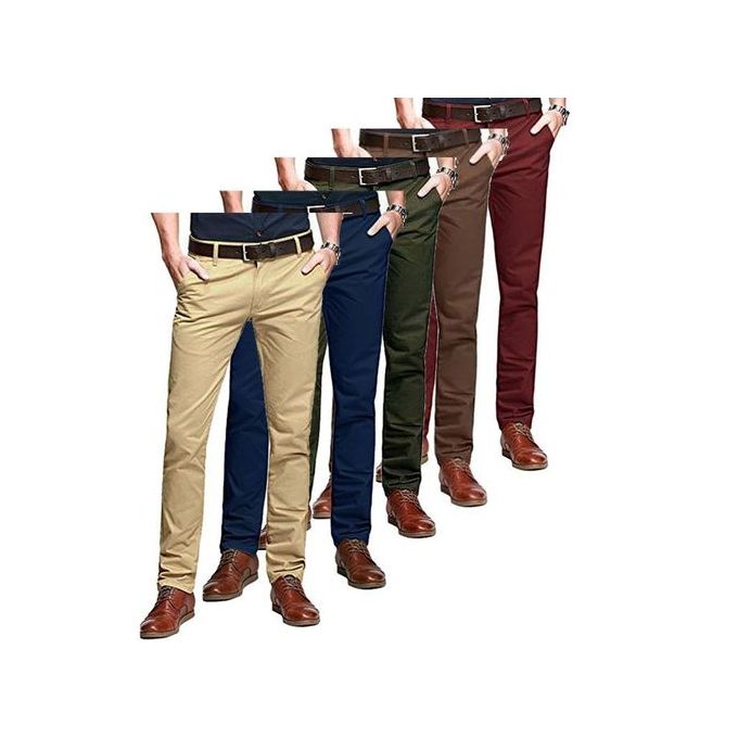 5 Pack Men’s Soft Khaki Pants – Premium Slim Fit Casual and Official Trousers for Office, Business, Church and Everyday Wear in Assorted Colors with FREE Genuine Leather Belt